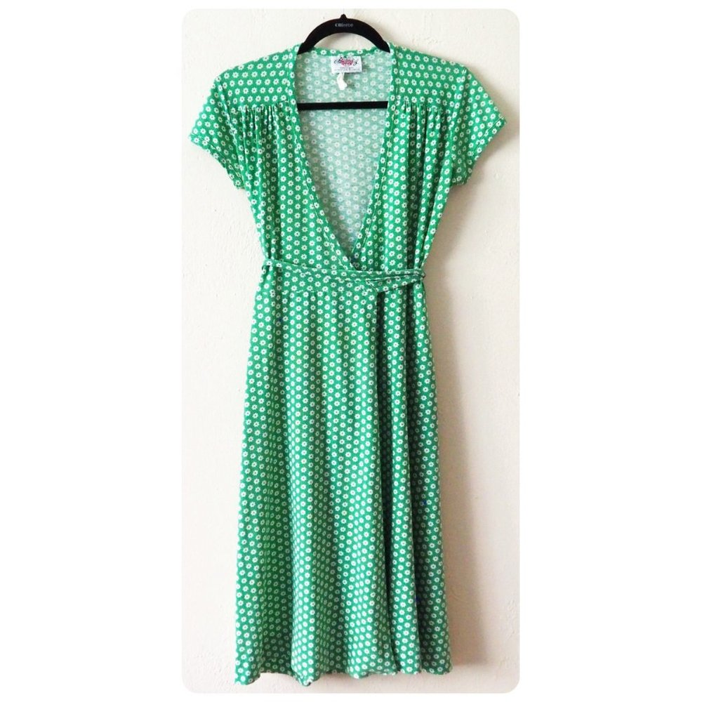 VTG Lanz Green Floral Cap Sleeve Wrap Dress